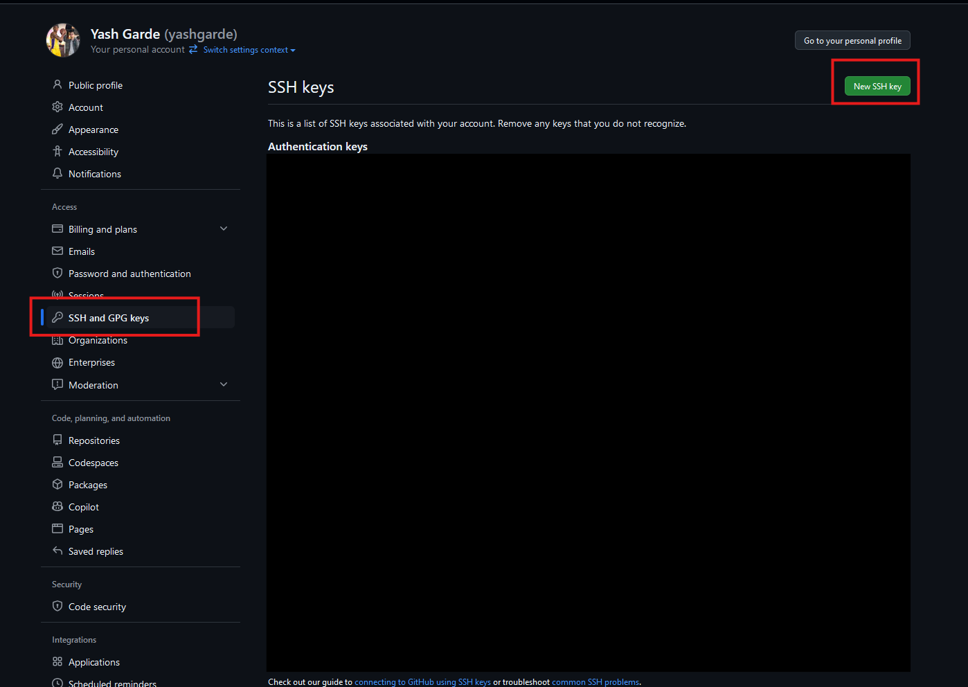 Go to "New SSH key"
